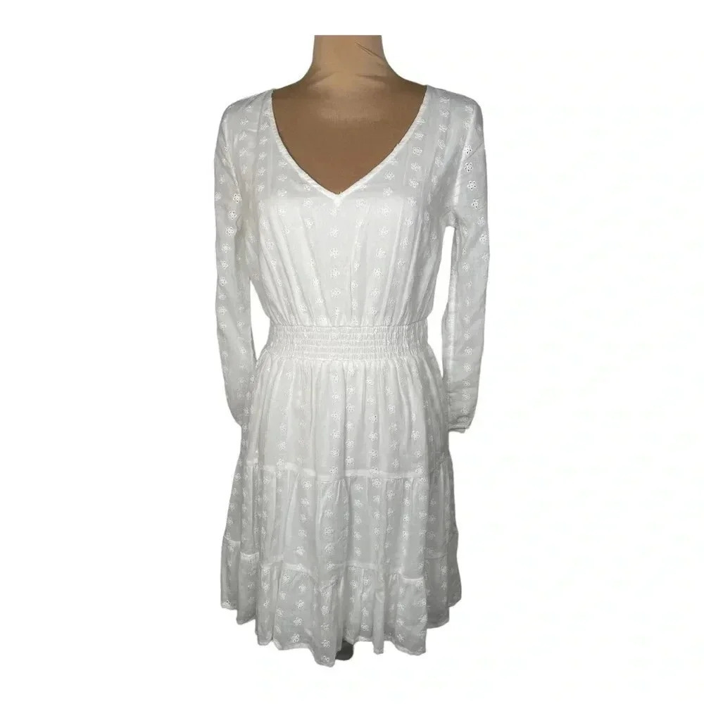 Hollister White Eyelet Longsleeves Womens Cute Mini Dress Medium 100% Cotton